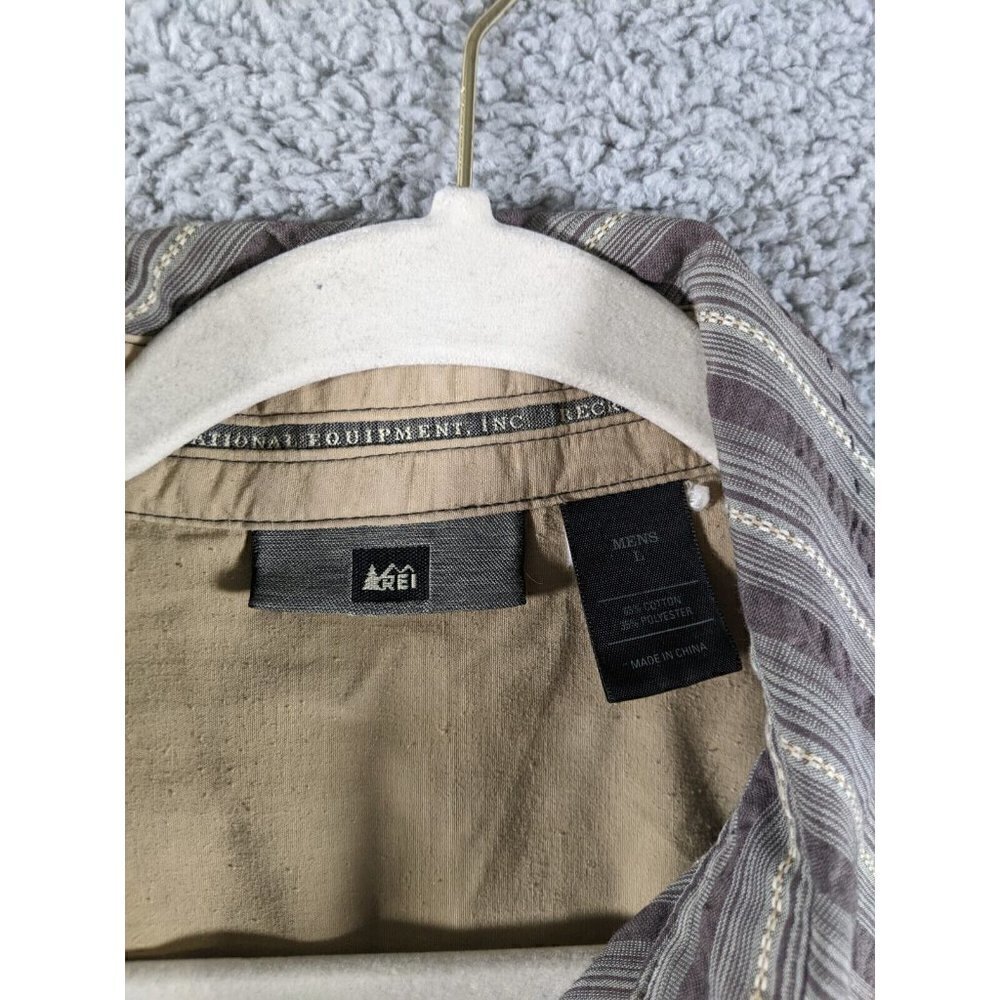 REI Button Shirt Mens Large Cotton Poly Green Gray Stripe Short Sleeve - Picture 3 of 11